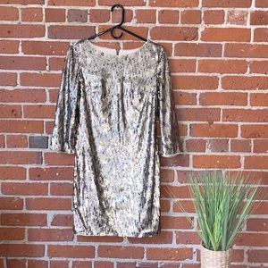 French Connection Dress Mini ‘Winter Wave’ 3/4 Sleeve Sequin Gold Size 6